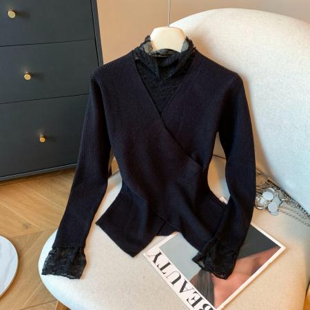 FA43250# 网纱拼接半高领针织衫女秋冬季新款气质长袖打底衫 服裝批發女裝批發服飾貨源