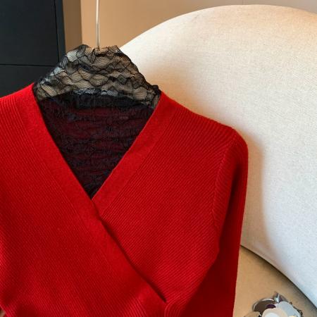 FA43250# 网纱拼接半高领针织衫女秋冬季新款气质长袖打底衫 服裝批發女裝批發服飾貨源