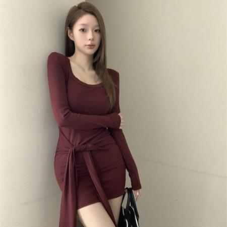 FA43253# 新款韩版秋高级感收腰绑带辣妹包臀连衣裙 服裝批發女裝批發服飾貨源