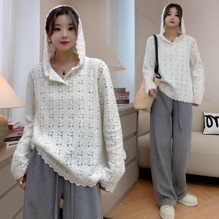 FA43257# 气质百搭显瘦重工钩花镂空长袖蕾丝连帽衫女法式打底衫 服裝批發女裝批發服飾貨源