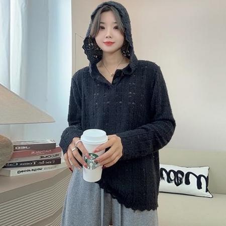 FA43257# 气质百搭显瘦重工钩花镂空长袖蕾丝连帽衫女法式打底衫 服裝批發女裝批發服飾貨源