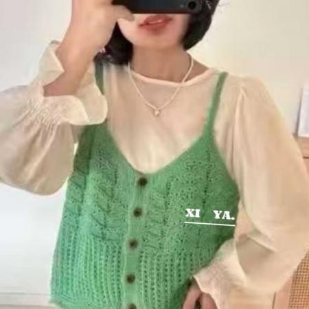 FA43259# 报单有货少女感叠穿针织吊带背心女秋新款圆领长袖衬衫两件套 服裝批發女裝批發服飾貨源