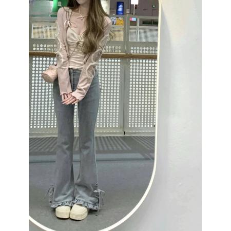 FA43260# 设计感开叉荷叶边牛仔裤女秋季弹力修身显瘦微喇百搭马蹄裤子 服裝批發女裝批發服飾貨源