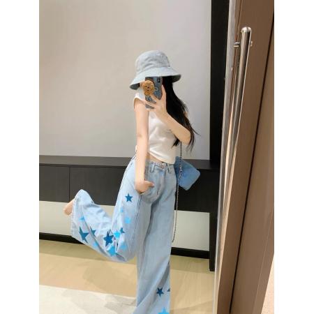 FA43262# 星星印花设计感牛仔裤女新款美式街头气质高腰显瘦阔腿裤 服裝批發女裝批發服飾貨源