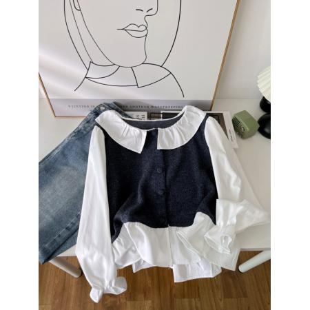 FA43265# 秋季新款韩系假两件宽松减龄拼接娃娃领长袖衬衫衬衣女潮 服裝批發女裝批發服飾貨源