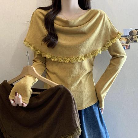 FA43267# 大码秋季复古气质内搭针织衫女斗篷披肩两件套荡领打底衫上衣 服裝批發女裝批發服飾貨源