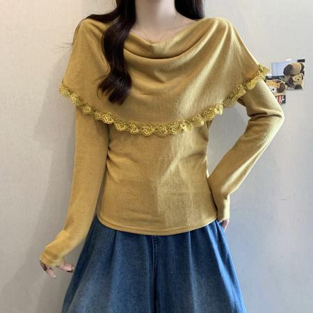 FA43267# 大码秋季复古气质内搭针织衫女斗篷披肩两件套荡领打底衫上衣 服裝批發女裝批發服飾貨源