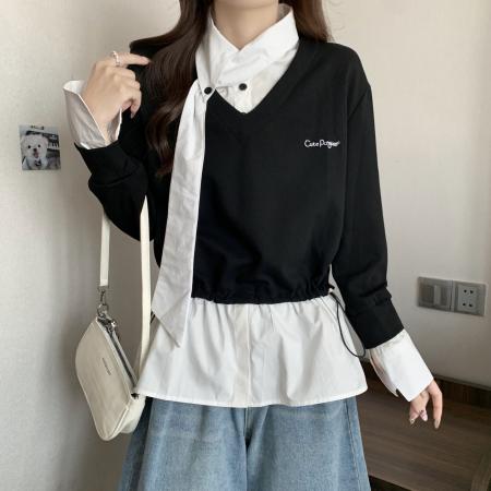 FA43268# 大码秋季新款高级感洋气时尚假两件字母刺绣长袖套头卫衣女 服裝批發女裝批發服飾貨源