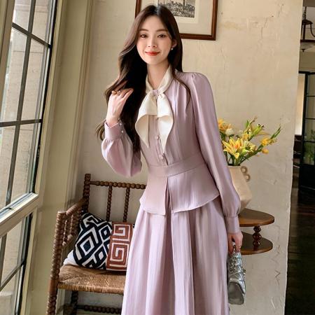 FA43269# 新款春季法式蝴蝶结假两件收腰显瘦衬衫早春连衣裙 服裝批發女裝批發服飾貨源