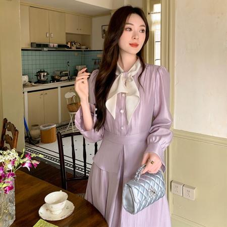 FA43269# 新款春季法式蝴蝶结假两件收腰显瘦衬衫早春连衣裙 服裝批發女裝批發服飾貨源