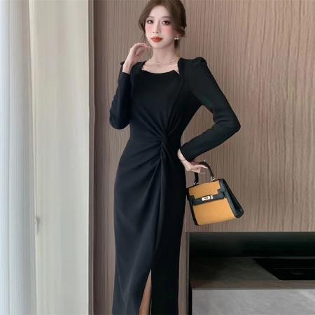 FA43272# 新设计感气质褶皱收腰修身长袖侧开叉复古显瘦中长连衣裙小众 服裝批發女裝批發服飾貨源