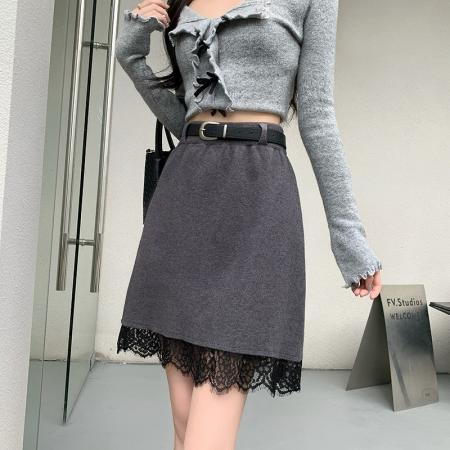FA43275# ～新款蕾丝拼接针织半身裙女高级感高腰显瘦A字短裙子 服裝批發女裝批發服飾貨源