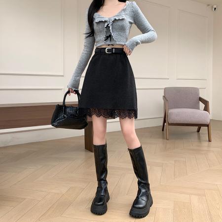 FA43275# ～新款蕾丝拼接针织半身裙女高级感高腰显瘦A字短裙子 服裝批發女裝批發服飾貨源