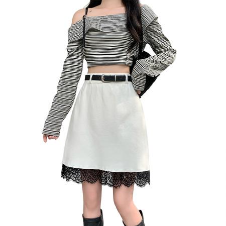 FA43275# ～新款蕾丝拼接针织半身裙女高级感高腰显瘦A字短裙子 服裝批發女裝批發服飾貨源