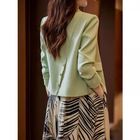 FA43277# 小香风短款西服女春秋季新款气质高级感小个子绿色小西装外套 服裝批發女裝批發服飾貨源