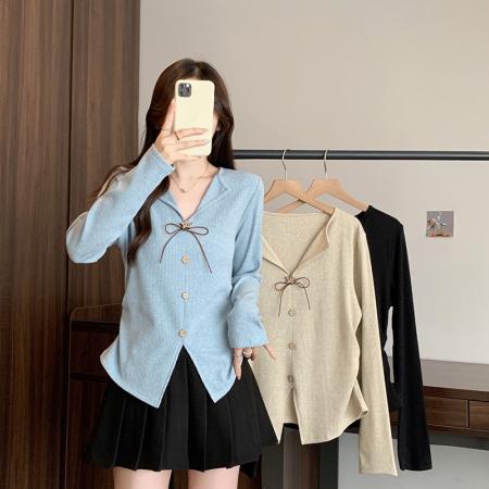 FA43278# 秋装新款胖mm大码女甜美立体花朵蝴蝶结掐腰长袖针织上衣 服裝批發女裝批發服飾貨源