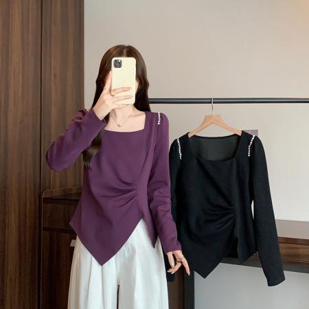 FA43279# 秋装新款胖mm大码女设计感方领镶钻不规则长袖上衣 服裝批發女裝批發服飾貨源