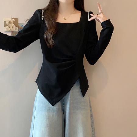 FA43279# 秋装新款胖mm大码女设计感方领镶钻不规则长袖上衣 服裝批發女裝批發服飾貨源