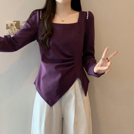 FA43279# 秋装新款胖mm大码女设计感方领镶钻不规则长袖上衣 服裝批發女裝批發服飾貨源