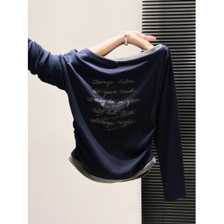 FA43281# 美式复古甜辣妹撞色上衣假两件露肩斜肩掐腰长袖打底衫女内搭秋季 服裝批發女裝批發服飾貨源