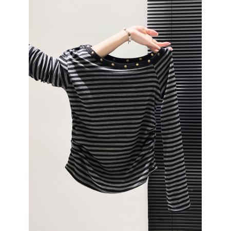FA43285# 美式辣妹条纹斜领铆钉长袖t恤女秋季新款修身显瘦打底衫上衣 服裝批發女裝批發服飾貨源