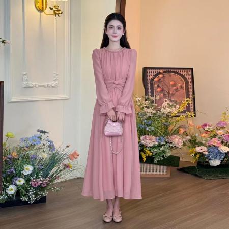 FA43291# 法式温柔风粉色收腰显瘦连衣裙女早秋季新款高级感气质超仙长裙子 服裝批發女裝批發服飾貨源