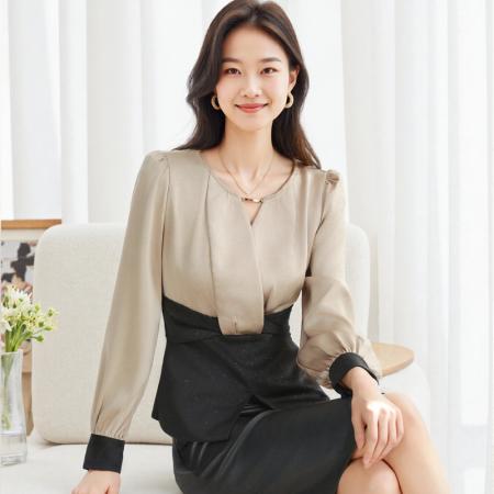 FA43292# 女士长袖衬衫春装新款女装高端法式洋气拼接不规则 服裝批發女裝批發服飾貨源