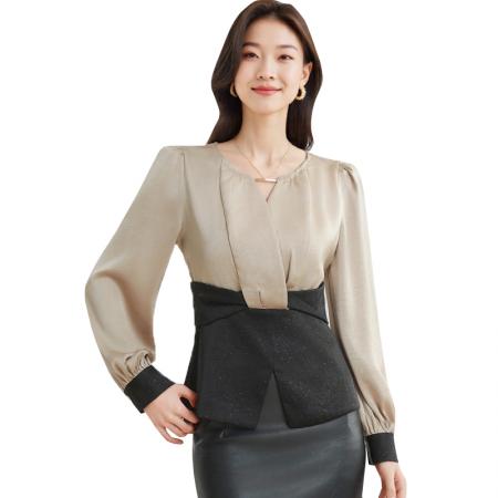 FA43292# 女士长袖衬衫春装新款女装高端法式洋气拼接不规则 服裝批發女裝批發服飾貨源