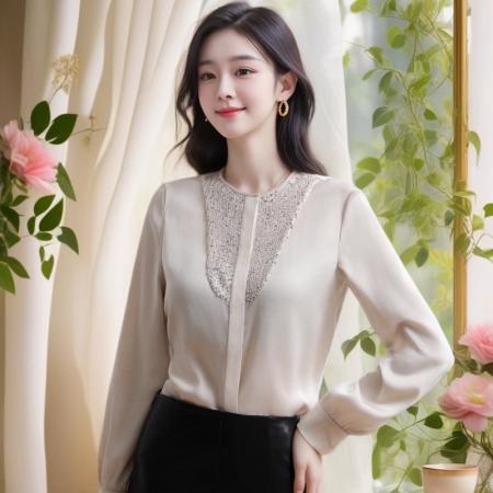 FA43294# 围春夏新品法式优雅轻奢串珠光泽缎面小个子衬衫 服裝批發女裝批發服飾貨源