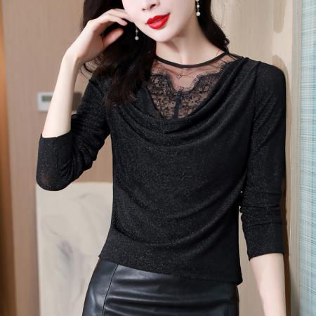 FA43297# 打底衫女士新款亮丝上衣V领长袖修身t恤欧货时尚洋气小衫 服裝批發女裝批發服飾貨源