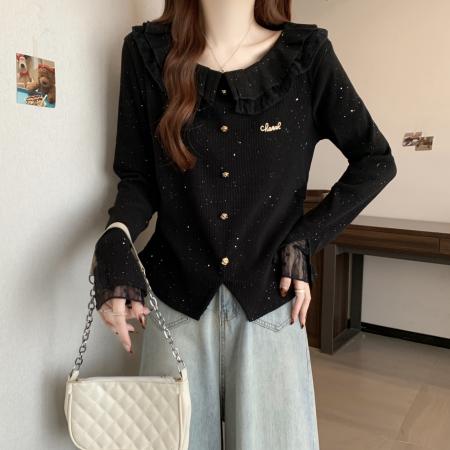 FA43299# 新款胖MM春款时尚设计感修身显瘦闪金花拼接花边上衣 服裝批發女裝批發服飾貨源