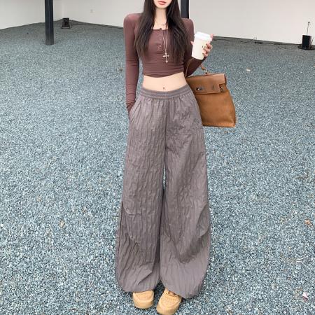 FA43302# 美式复古肌理感休闲裤女25秋冬加厚高腰宽松阔腿拖地加长棉裤子 服裝批發女裝批發服飾貨源