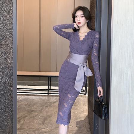 FA43306# 性感纯欲V领绑带修身显瘦蕾丝包臀辣妹长袖连衣裙女 服裝批發女裝批發服飾貨源