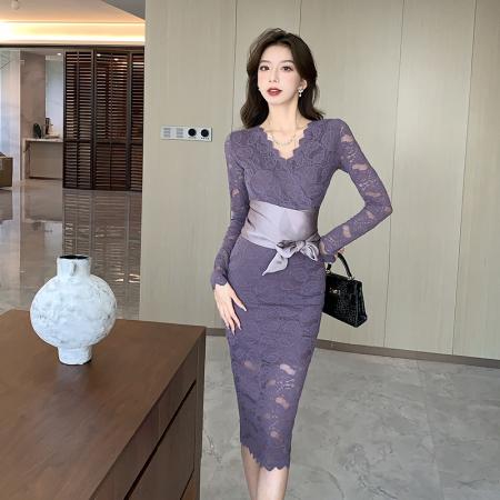 FA43306# 性感纯欲V领绑带修身显瘦蕾丝包臀辣妹长袖连衣裙女 服裝批發女裝批發服飾貨源