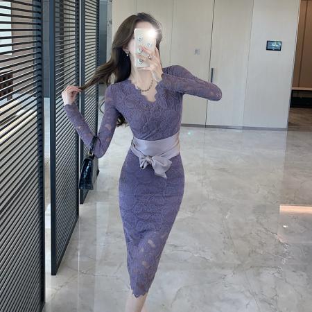 FA43306# 性感纯欲V领绑带修身显瘦蕾丝包臀辣妹长袖连衣裙女 服裝批發女裝批發服飾貨源