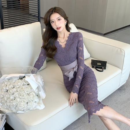 FA43306# 性感纯欲V领绑带修身显瘦蕾丝包臀辣妹长袖连衣裙女 服裝批發女裝批發服飾貨源