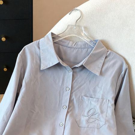 FA43330# 浅蓝衬衫可调节抽绳宽松休闲刺绣翻领上衣外套女 服裝批發女裝批發服飾貨源