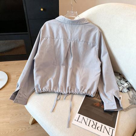 FA43330# 浅蓝衬衫可调节抽绳宽松休闲刺绣翻领上衣外套女 服裝批發女裝批發服飾貨源