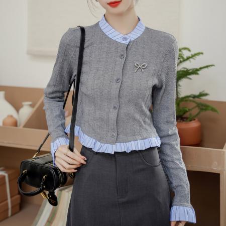 FA43334# 法式拼接条纹假两件针织衫设计感立领小众开衫上衣女 服裝批發女裝批發服飾貨源