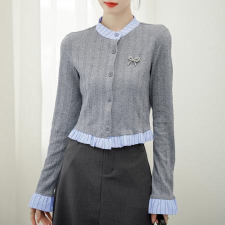 FA43334# 法式拼接条纹假两件针织衫设计感立领小众开衫上衣女 服裝批發女裝批發服飾貨源