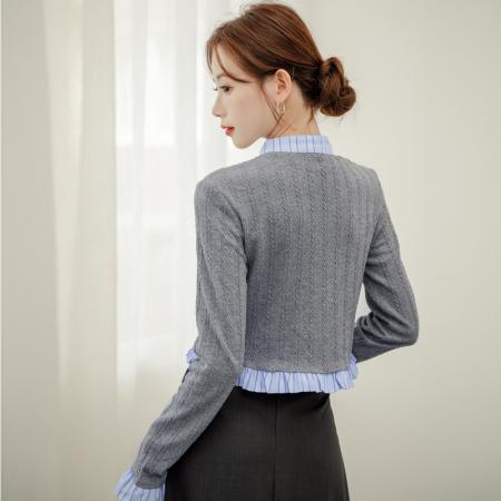 FA43334# 法式拼接条纹假两件针织衫设计感立领小众开衫上衣女 服裝批發女裝批發服飾貨源