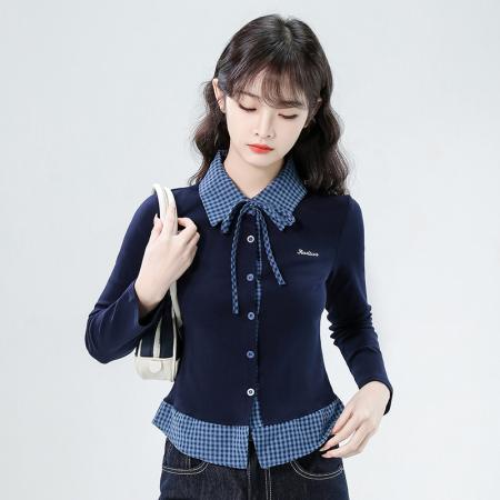 FA43335# 假两件拼接刺绣字母长袖弹力针织衫藏蓝色polo领设计感衬衫 服裝批發女裝批發服飾貨源