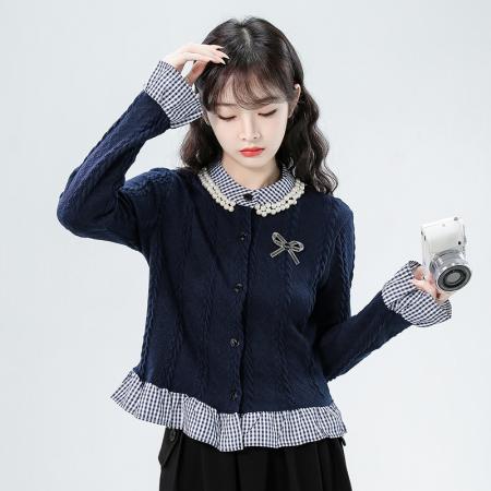FA43336# 秋新款格子拼接假两件针织开衫女外套别致法式短款上衣 服裝批發女裝批發服飾貨源