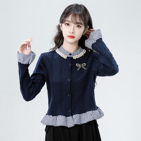 FA43336# 秋新款格子拼接假两件针织开衫女外套别致法式短款上衣 服裝批發女裝批發服飾貨源