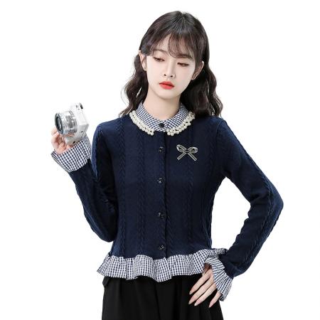 FA43336# 秋新款格子拼接假两件针织开衫女外套别致法式短款上衣 服裝批發女裝批發服飾貨源