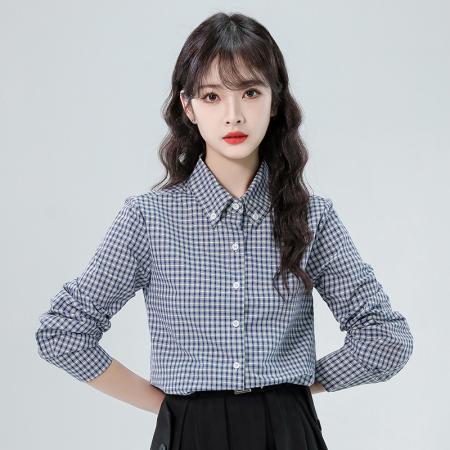FA43337# 清爽通勤穿搭独特休闲蓝色格子长袖衬衫女宽松慵懒风 服裝批發女裝批發服飾貨源