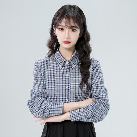 FA43337# 清爽通勤穿搭独特休闲蓝色格子长袖衬衫女宽松慵懒风 服裝批發女裝批發服飾貨源
