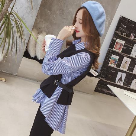 FA43339# 新款女装马甲衬衫两件套上衣条纹长袖chic韩范衬衣女 服裝批發女裝批發服飾貨源