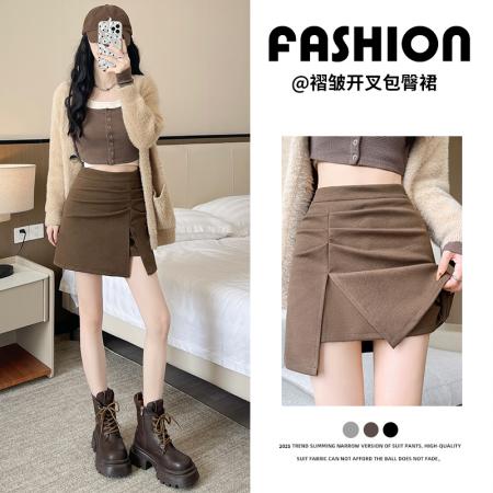 FA43358# 毛呢包臀裙女秋冬新款加厚褶皱半身裙韩版高腰显瘦a字短裙 服裝批發女裝批發服飾貨源