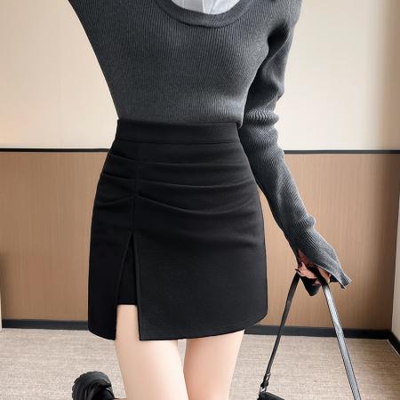 FA43358# 毛呢包臀裙女秋冬新款加厚褶皱半身裙韩版高腰显瘦a字短裙 服裝批發女裝批發服飾貨源